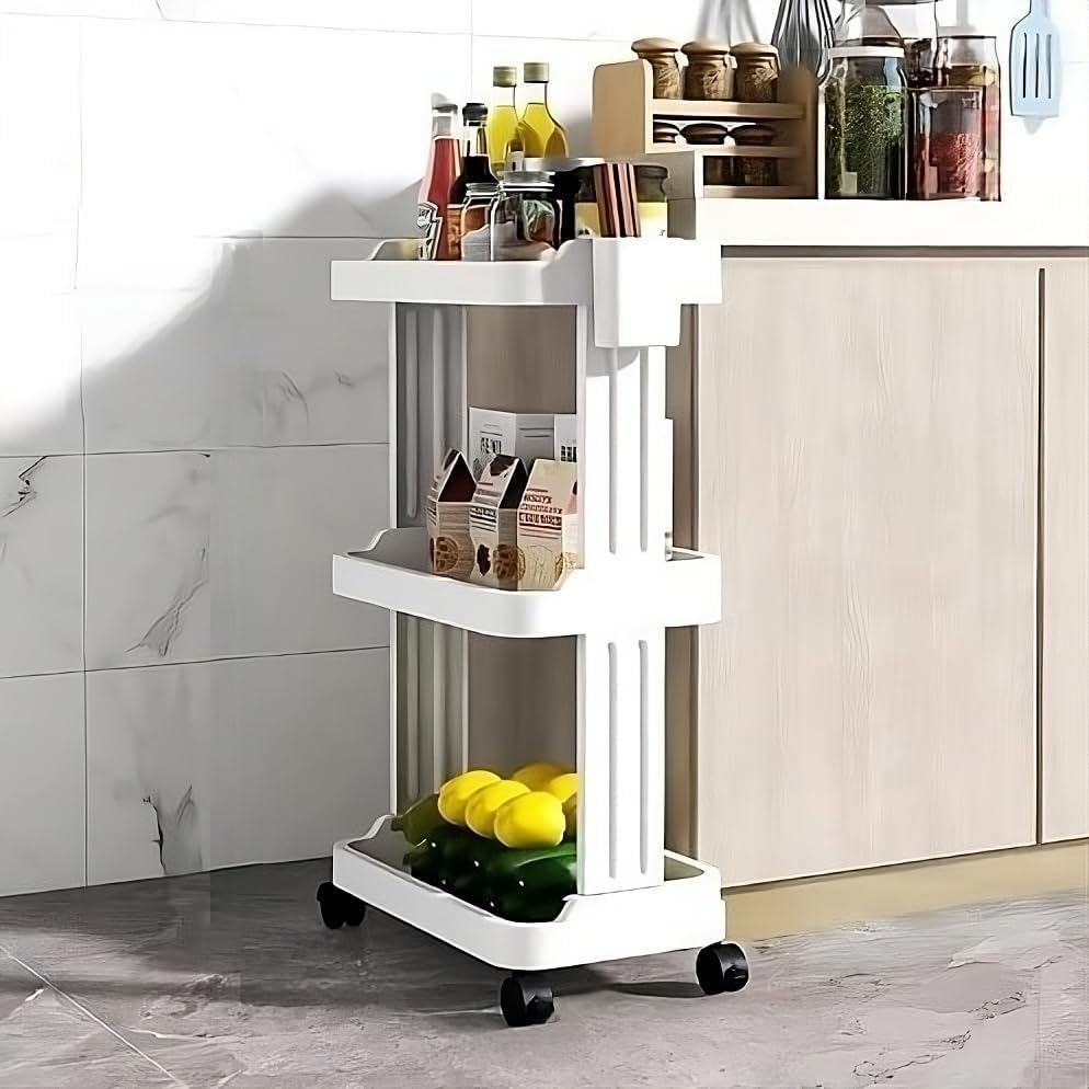 Plastic 2/3 Tier Kitchen Space Shelves Vegetable Storage Shelf Folding Saving Organizer Rack with Wheels Slide Out Mobile Utility Cart (2 Layer) (White, 3 Layer Shelf)-image-48