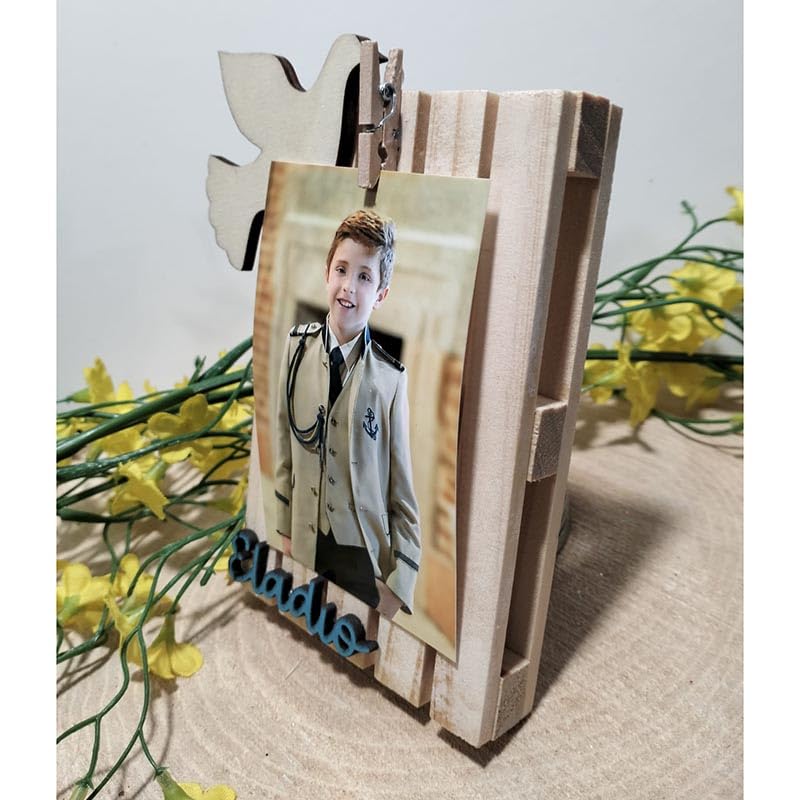 Pack de 20 Marco de madera personalizable con nombre en madera superpuesta de color a elegir y pinza, incluye foto de 10x5 cm para detalle de comunion, bautizo, etc
