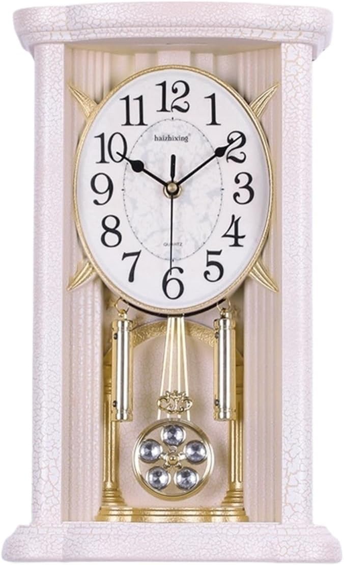 Mantel Table Clock Table Clock Retro Desk Clock Wood Carving Mechanical Desk Clock Movement Desktop Pendulum Living Room Home Decor(White)