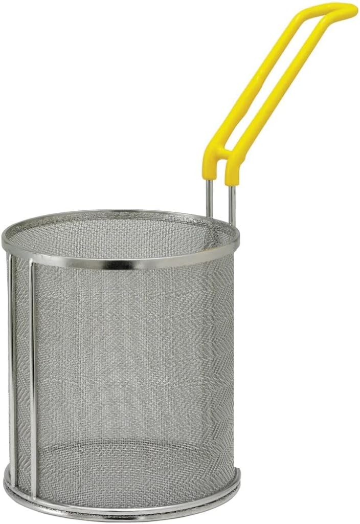 Soro Essentials- 6-1/2" x 7" Stainless Steel Connoisseur Pasta Basket Fine Mesh with Yellow Coated Handle- Commercial Kitchen Supply Pasta Strainer Pastas Boil Baskets Blanching Basket Home Restaurant