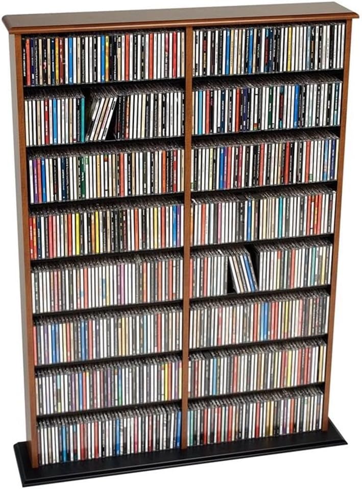 BOWERY HILL 51" Double CD DVD Media Storage Rack, Cherry and Black Laminate Finish, Adjustable Shelves, Accommodates 640 CDs or 270 DVDs, MDF Construction, Living Room Organizer