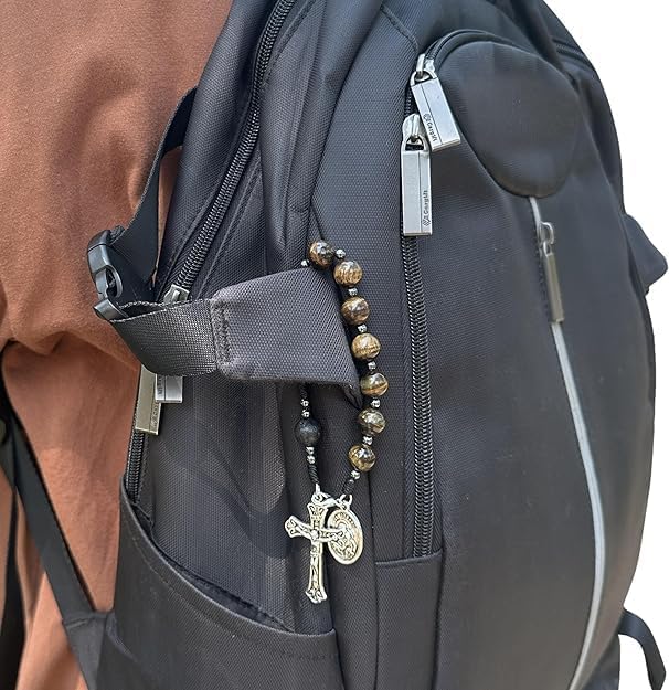 Nazareth Store Tiger Eye Beads One Decade Rosary Handmade Pocket Car Mirror with Saint Joseph Medal and Jesus Cross in Antique Silver Volcanic Stone Travel Friendly Rosary - Image 6