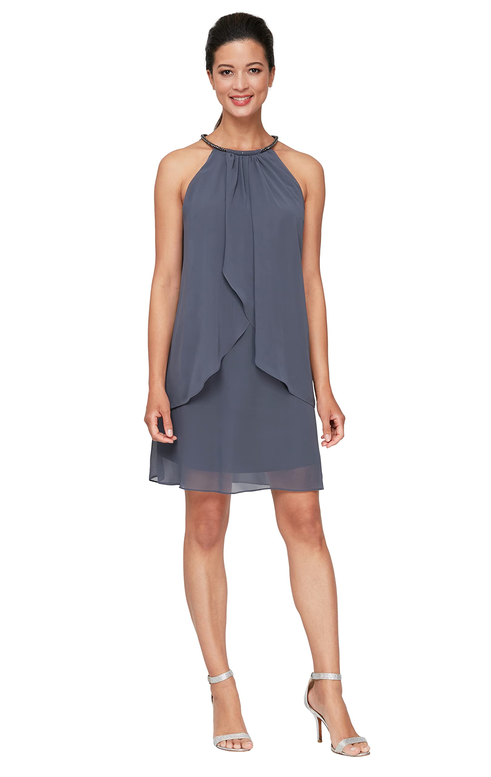 S.L. FashionsWomen's Short Beaded Halter Neck Cocktail Gown, Wedding Guest, Party Dress, (Petite and Regular Sizes)