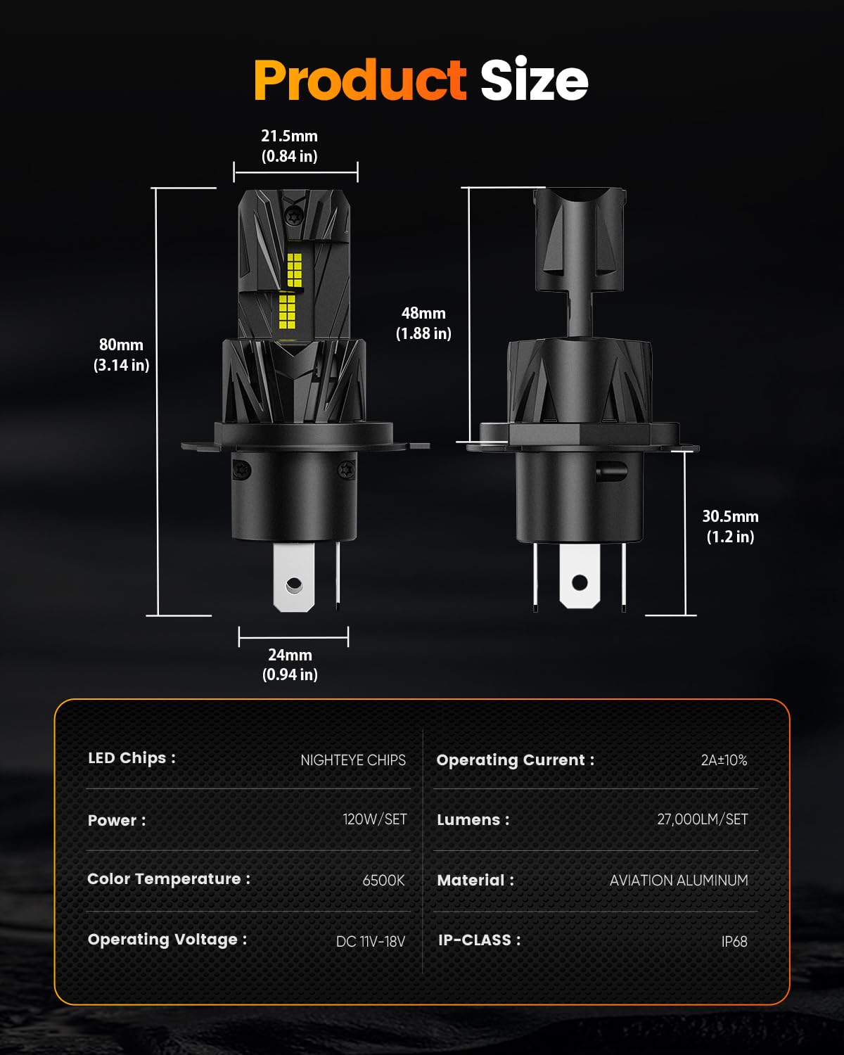 NIGHTEYE H4 - Lampadina LED H4, 27000 lm, 600% 1:1, luce bianca fredda 6500 K, super luminosa, plug and play, impermeabile IP68, confezione da 2