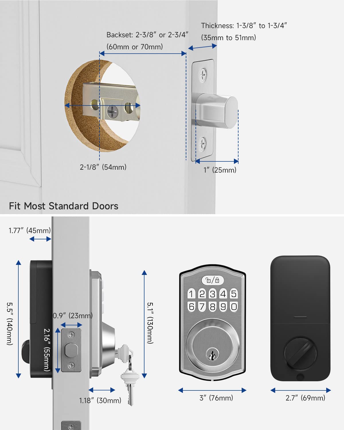 HOSOM Pêne dormant à clavier pour porte d'entrée, serrure électronique de porte d'entrée sans clé, double cylindre, 20 codes utilisateur, verrouillage automatique, nickel satiné