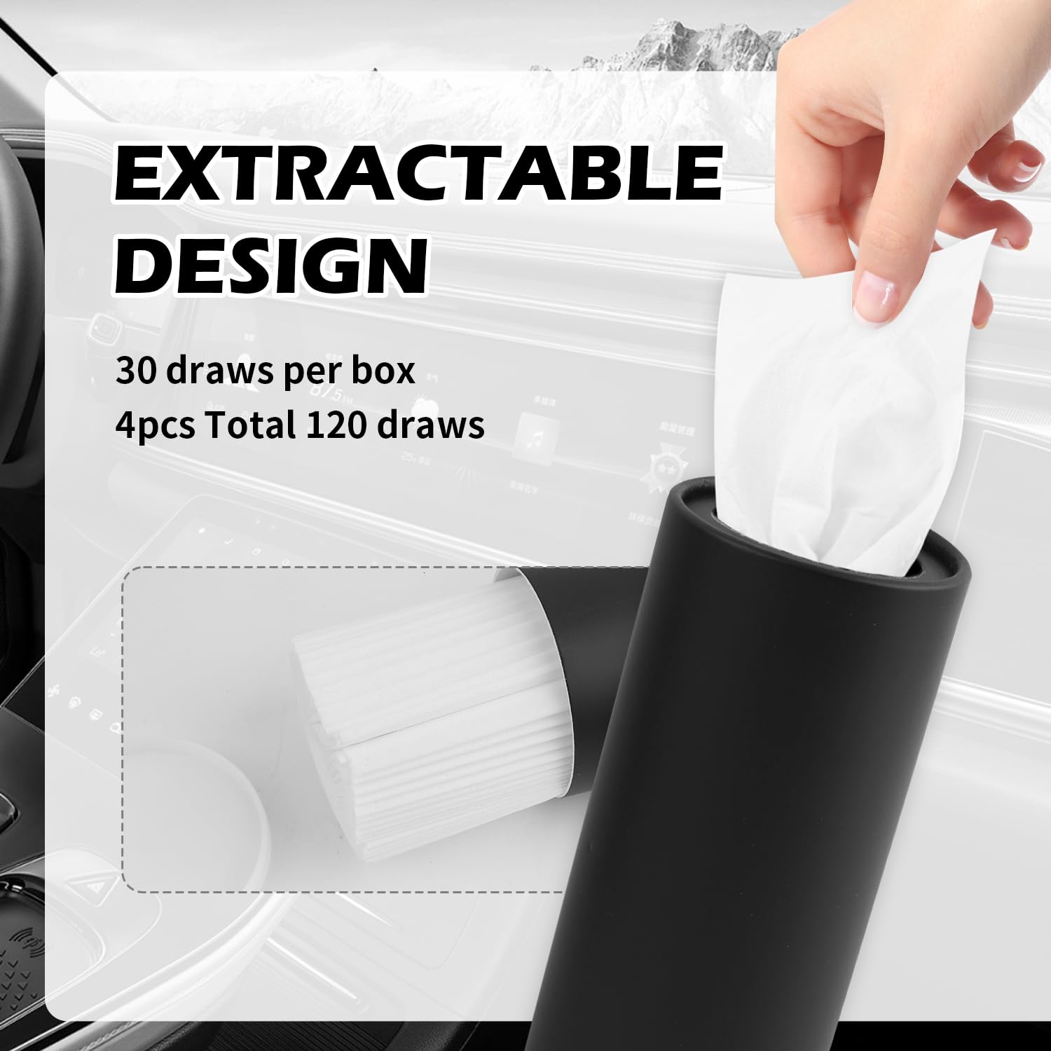 Lot de 4 porte-mouchoirs rétractables pour voiture, cylindriques rechargeables avec 30 pièces par boîte, boîte à mouchoirs multifonction pour voitures comme poubelles et porte-stylos (noir)