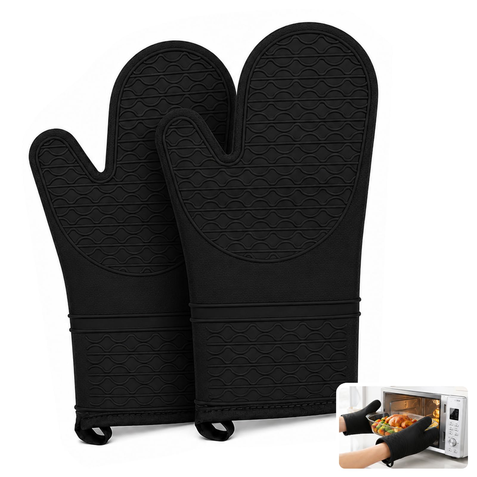Silicone Oven Mitts, Anti-Slip Heat Resistant Oven Gloves, Withstand 500℉, Double Oven Gloves for Kitchen Cooking BBQ(Black)