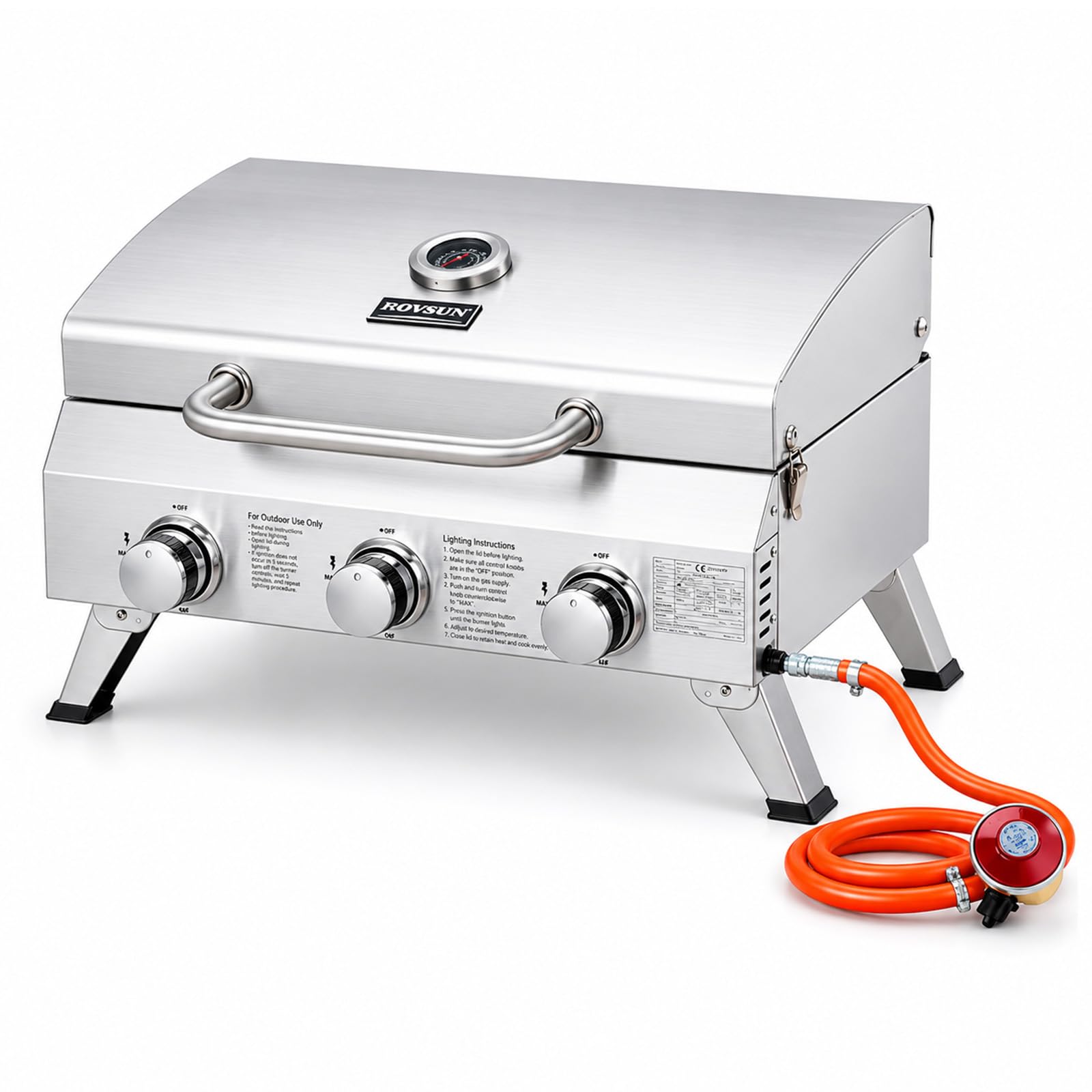 ROVSUN 3 Burner Portable Gas BBQ, 22500BTU Outdoor Barbecue Grill with 24" Cooking Grate, Thermometer & Foldable Legs, Stainless Steel Table Top Gas BBQ for Camping Home Patio Party, Silver