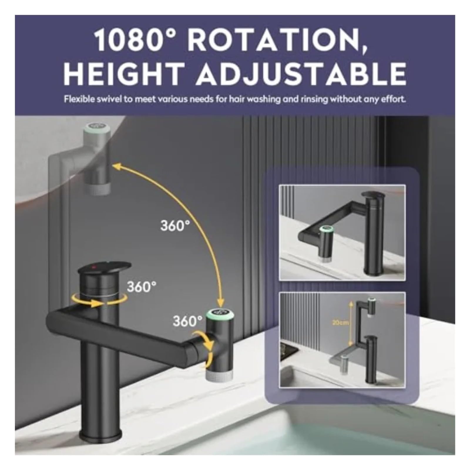 Grifo giratorio para baño 1080, mezclador de lavabo altura ajustable con pantalla LED temperatura,Seguro y Confiable(Chrome)