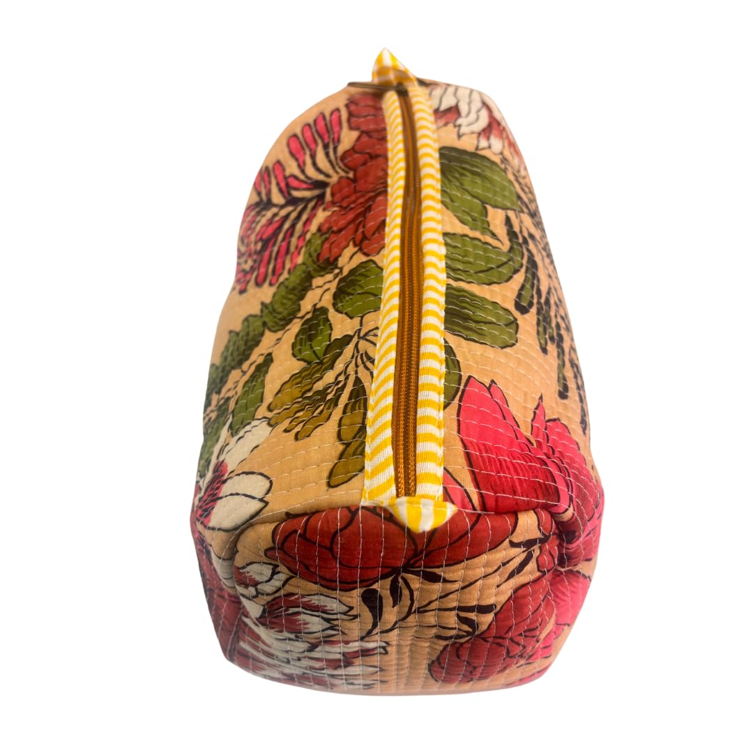Quilted Cotton Travel Organizer Bag Set of 3 β Waterproof Toiletry Pouch, Cosmetic Makeup Bag & Multipurpose Travel Pouches for Women & Men, Handcrafted Block Print (Floral Beige) 4
