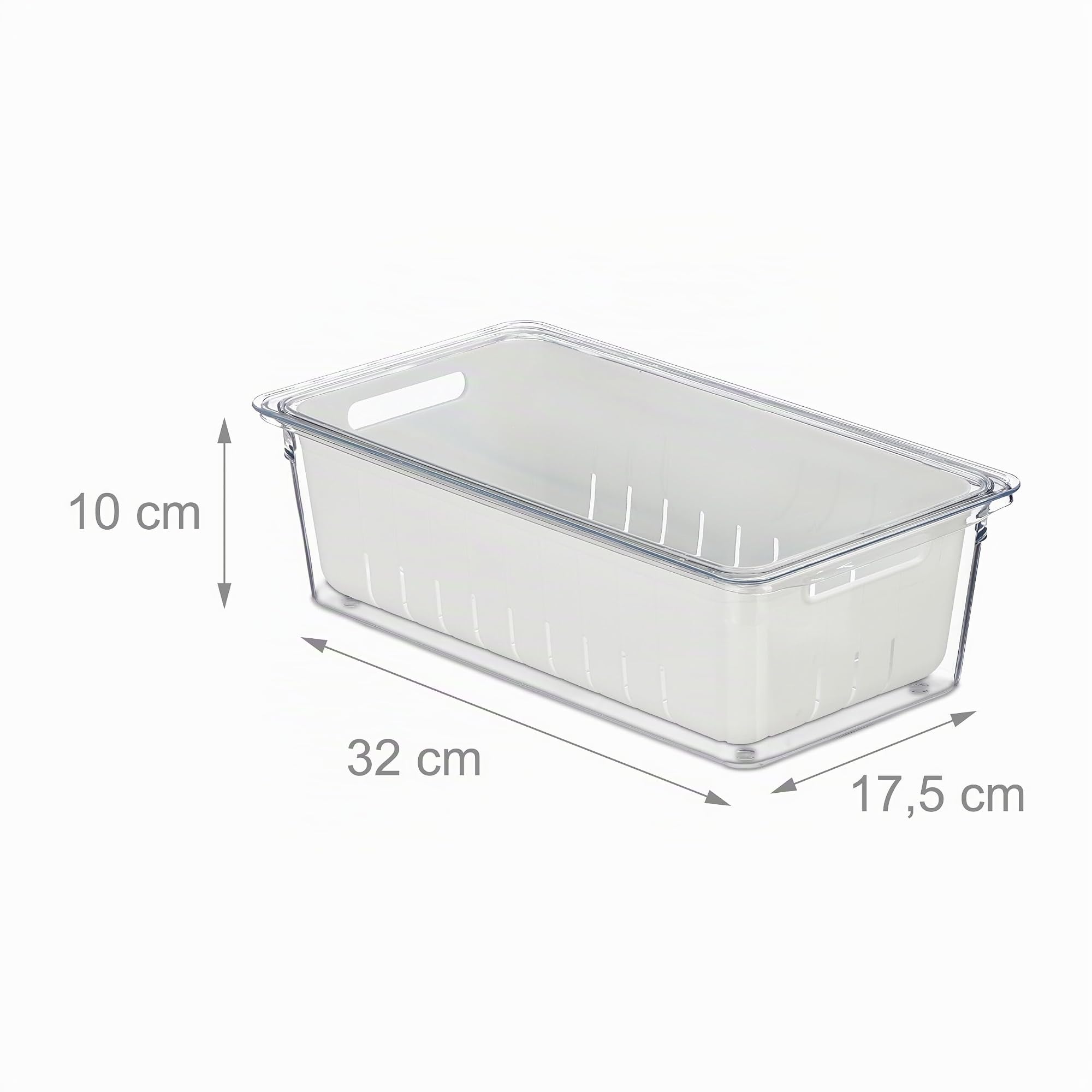 Relaxdays Organizador Nevera, Set 2, Apilable, Cestas Escurridora, Almacenaje Alimentos con Tapa, Transparente/Blanco