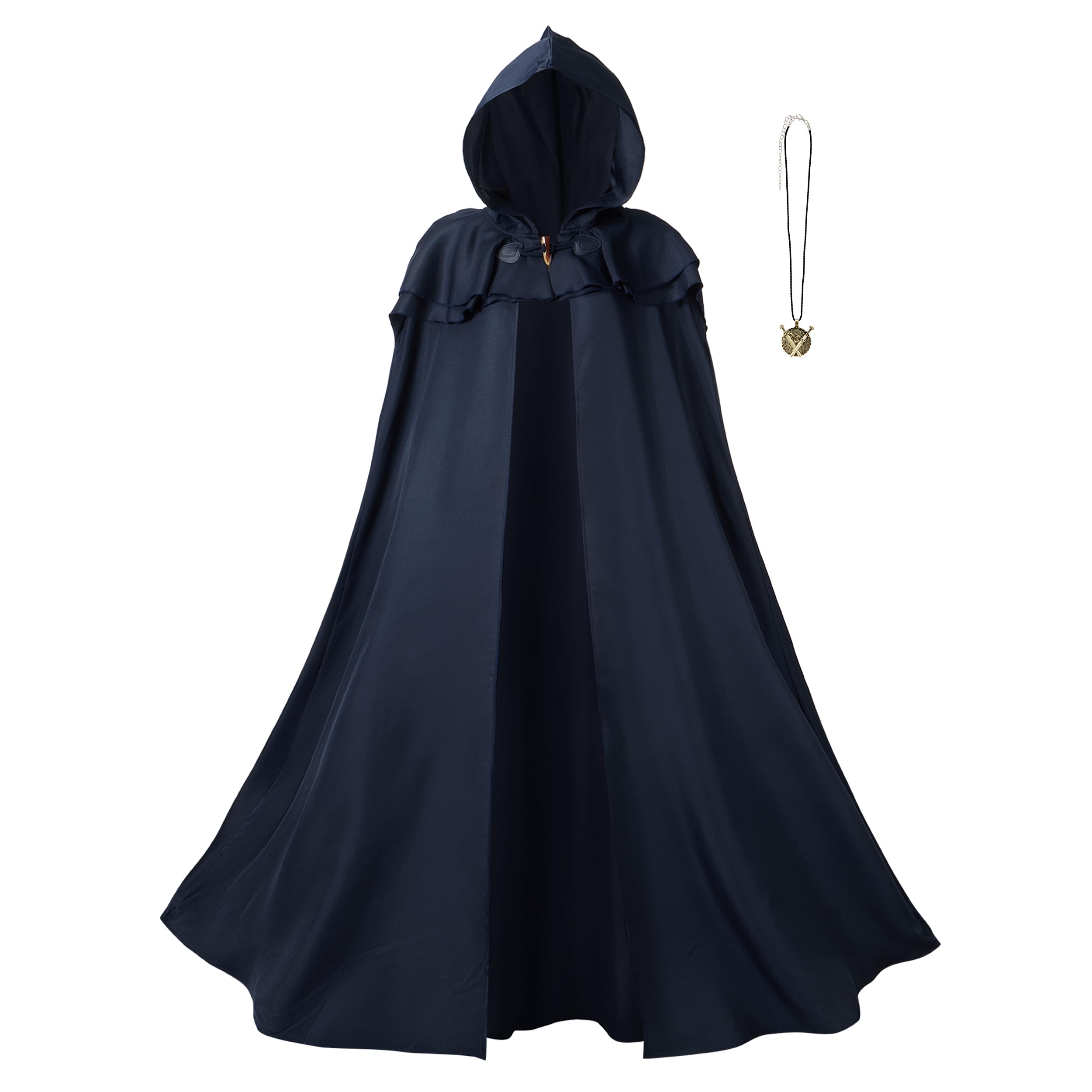 Regenboog Hooded Renaissance Cape for Women Men,Adult Medieval Cloak,Viking Cloak with Viking Sword Necklace, Blue, 59inch/150cm