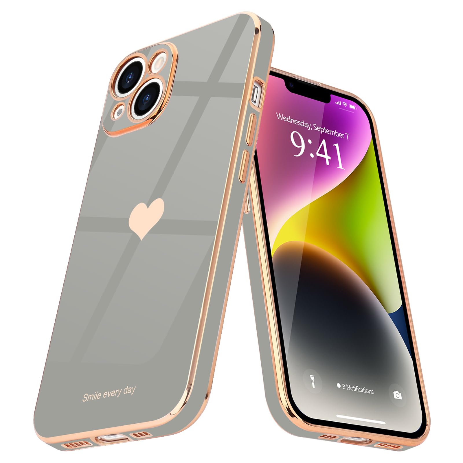 Teageo for iPhone 14 Case Cute Heart Pattern for Women Girls Slim Luxury Bling Plating Soft TPU Anti-Scratch Shockproof Bumper Phone Case for iPhone 14