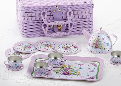 Delton Products - Juego de té de lata de 15 piezas con diseño de flores de Pansy en cesta de líneas de tela nuevo