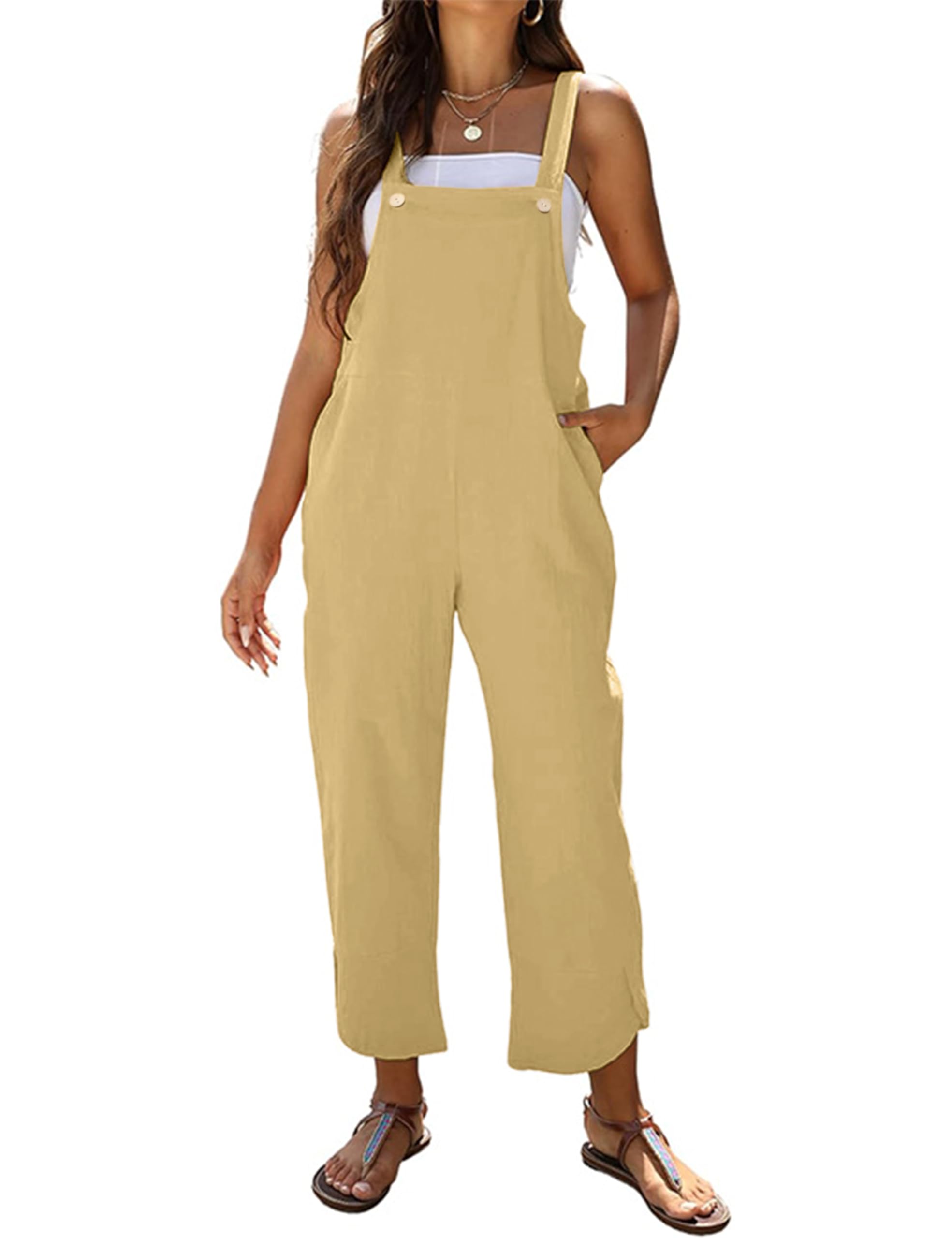Women's Sleeveless Cotton Linen Overalls Rompers Baggy Wide Leg Jumpsuits