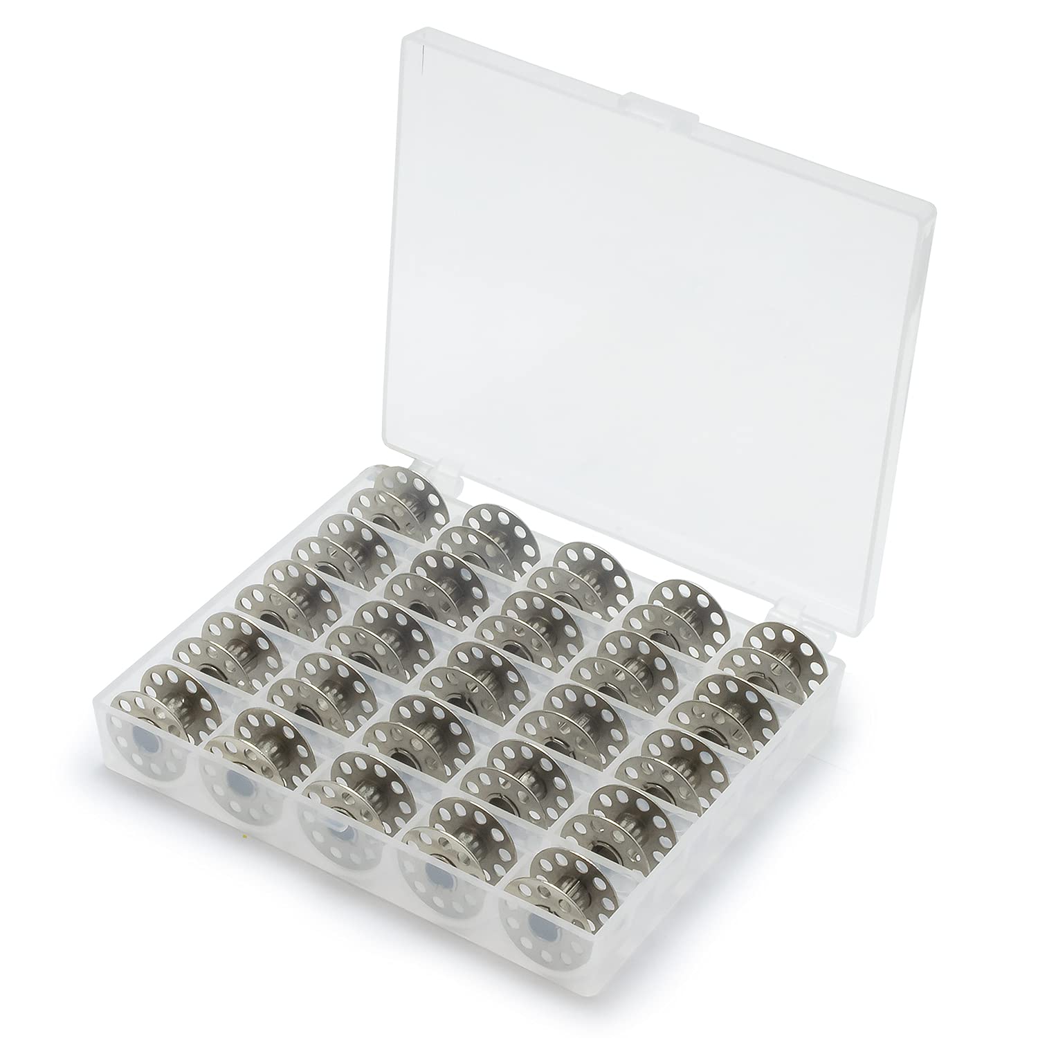 25 Metal Bobbin Spools + Bobbin Case Organiser by UMTMedia® Sewing Machine Bobbins Clear Box Storage