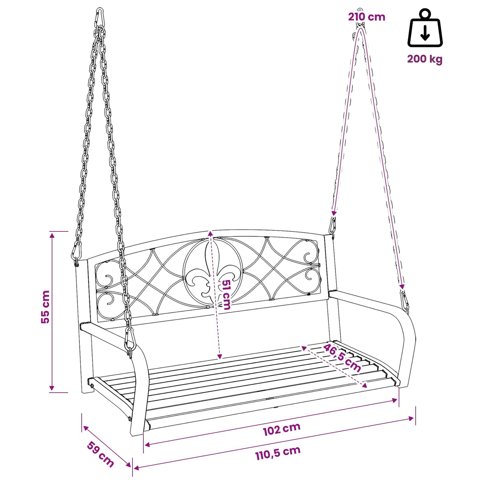 Schaukelbank Stahl Antik Weiß 110,5 x 59 x 55 cm Gartenschaukel für Terrasse und Garten mit wetterfestem Metallgestell und bequemer Sitzfläche zum Relaxen im Outdoor-Bereich