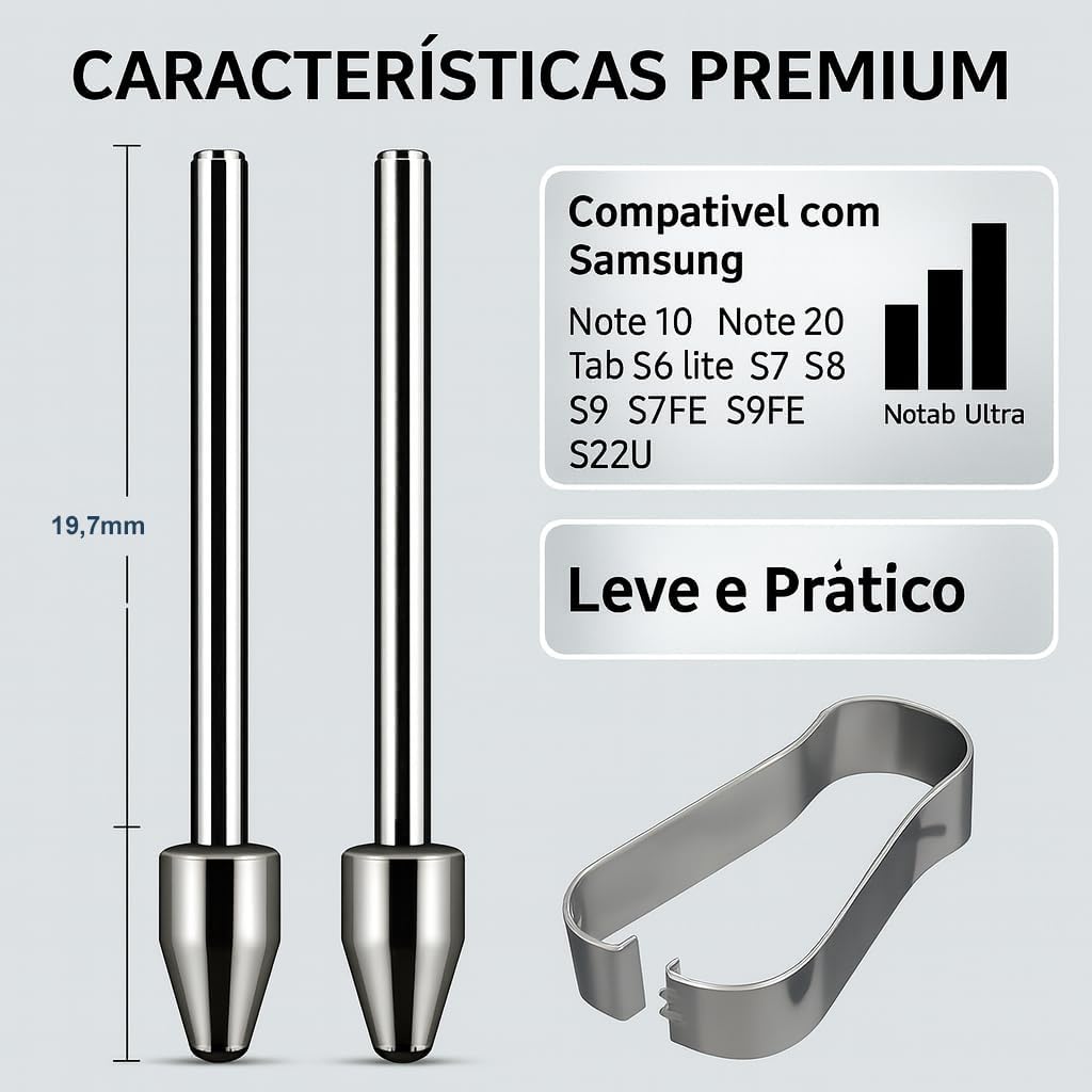 Kit 2 Pontas de Metal para Caneta S Pen Compatível com Samsung Galaxy Tab S6 Lite S7 S8 S9 S7 FE S9 FE S10 FE e Smartphones Note 10 Note 20 S21 S22 S23 S24 S25 Ultra com Extrator para Substituição