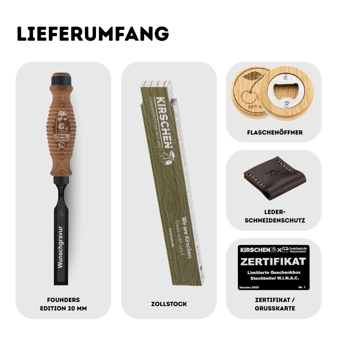 KIRSCHEN Geschenkbox Stechbeitel Founder's Black Edition 20 mm mit Wunschgravur, brünierte Klinge, Akazienholz-Heft - personalisiertes Handwerker Geschenk für Schreiner, Tischler