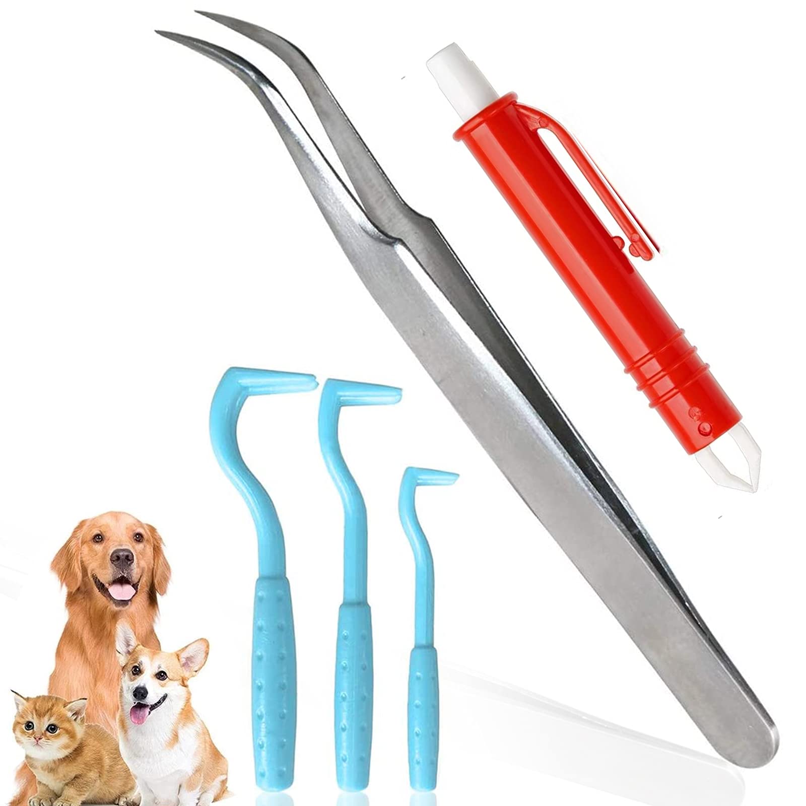 5 Pcs Tick Remover Tool Set, Professional Tick Tweezers Tick Hooks Tick Remover Painlessly Tick for Dogs Cats Horses and Other Pets