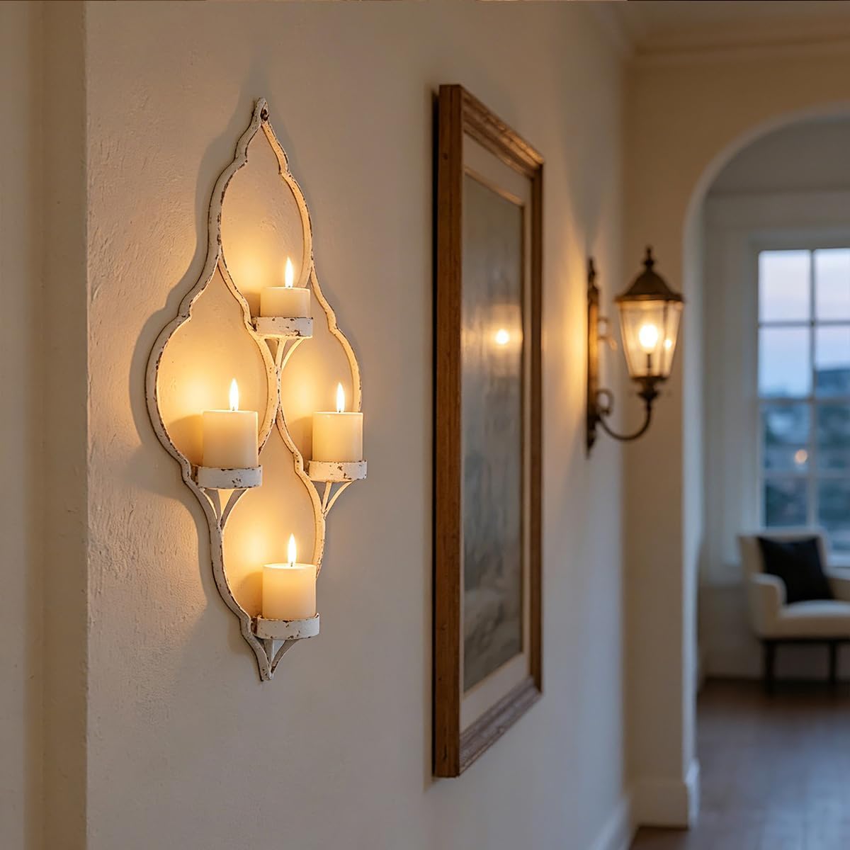 Distressed White Vintage Wall Sconce, 4-Arm Iron Candle Holder 16.3" H