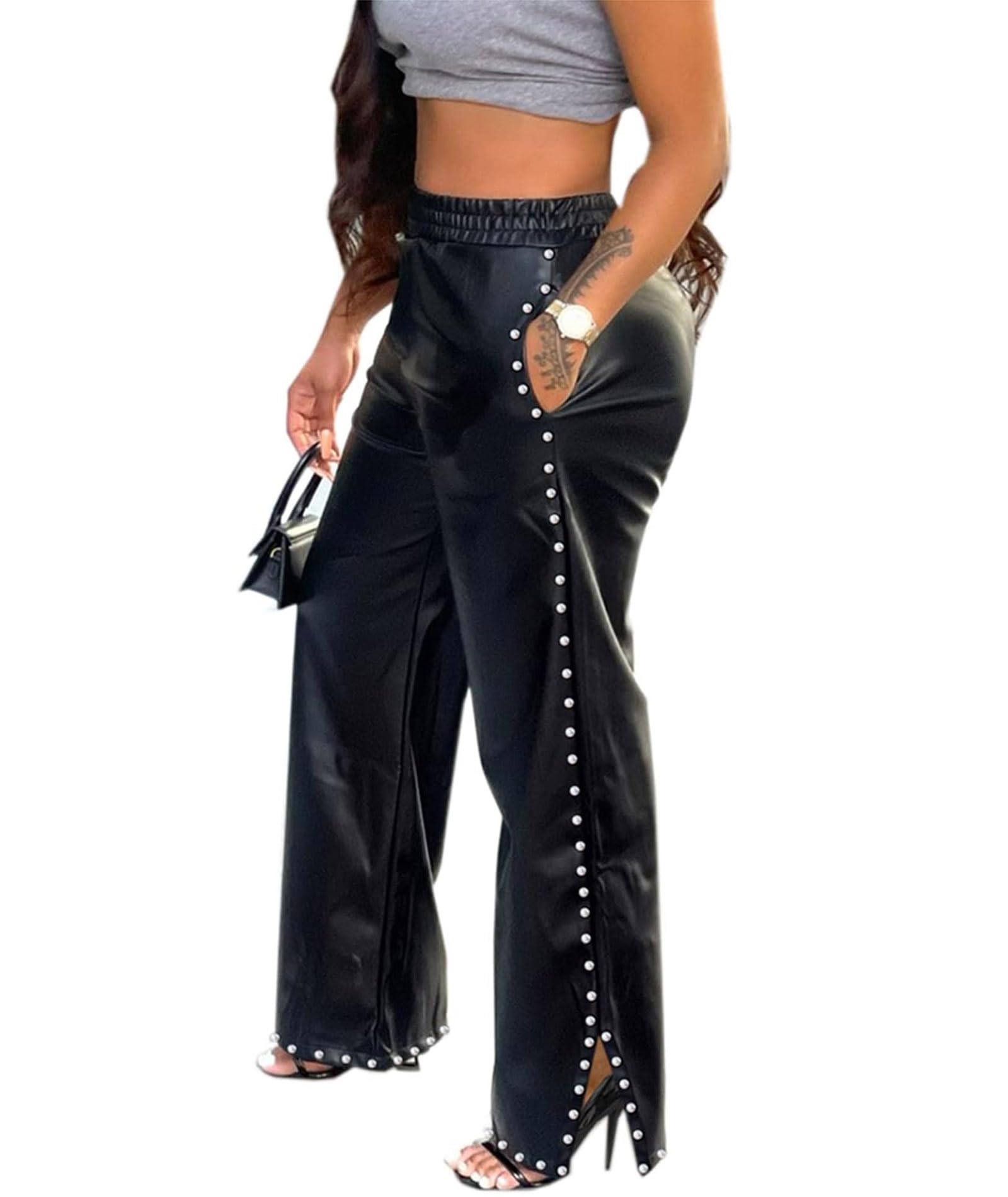 SOMTHRON Womens PU Faux Leather Pants Elastic High Waist Straight Wide Leg Pearls Studded Side Slit Trousers
