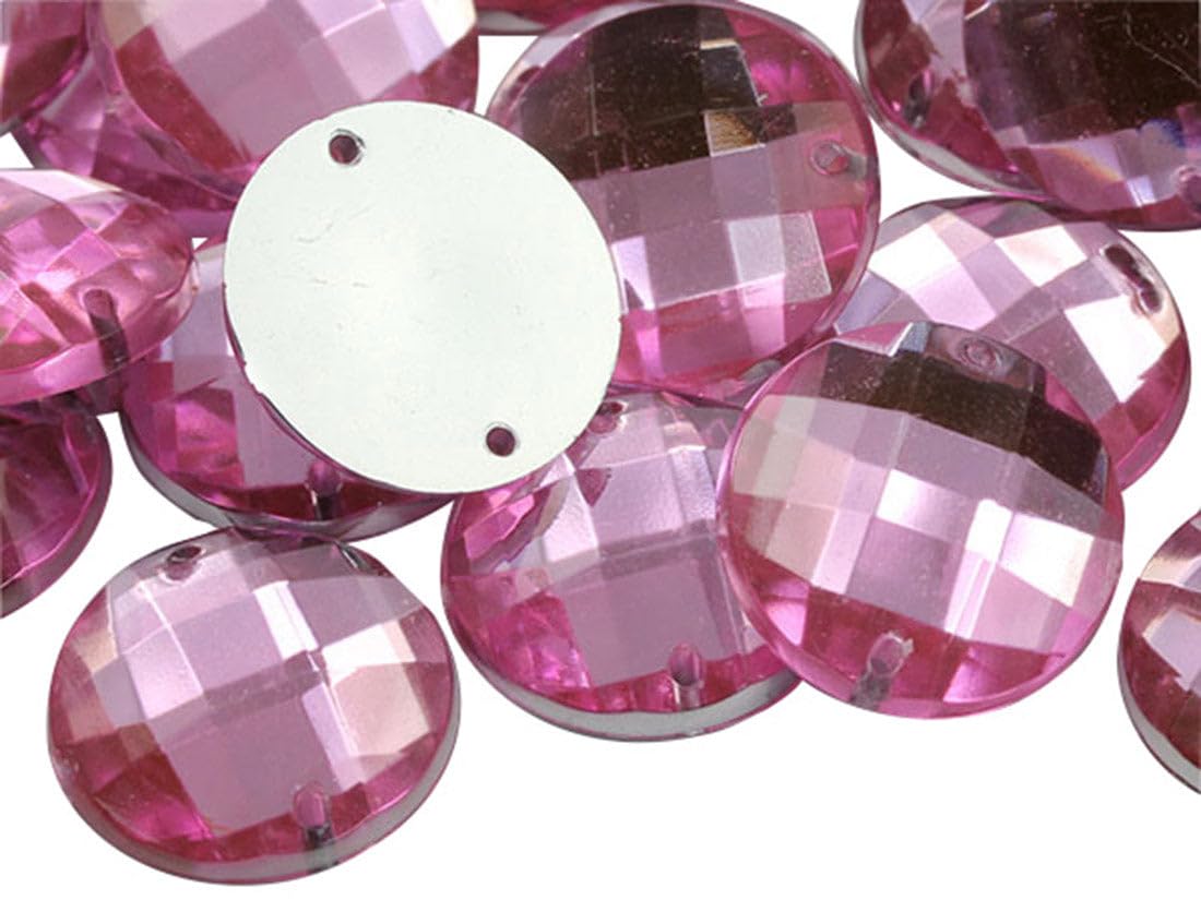 Allstarco 10mm Pink Lt. CH13 Flat Back Sew On Round Beads Acrylic Rhinestones Sewing Plastic Gems with Holes for Jewelry Clothes