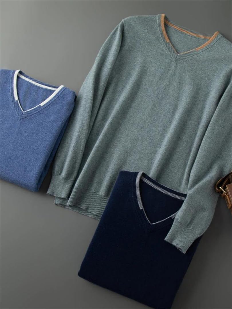 Suéter de manga larga para hombre, 100 % cachemira, cuello en V, para primavera, otoño, talla grande
