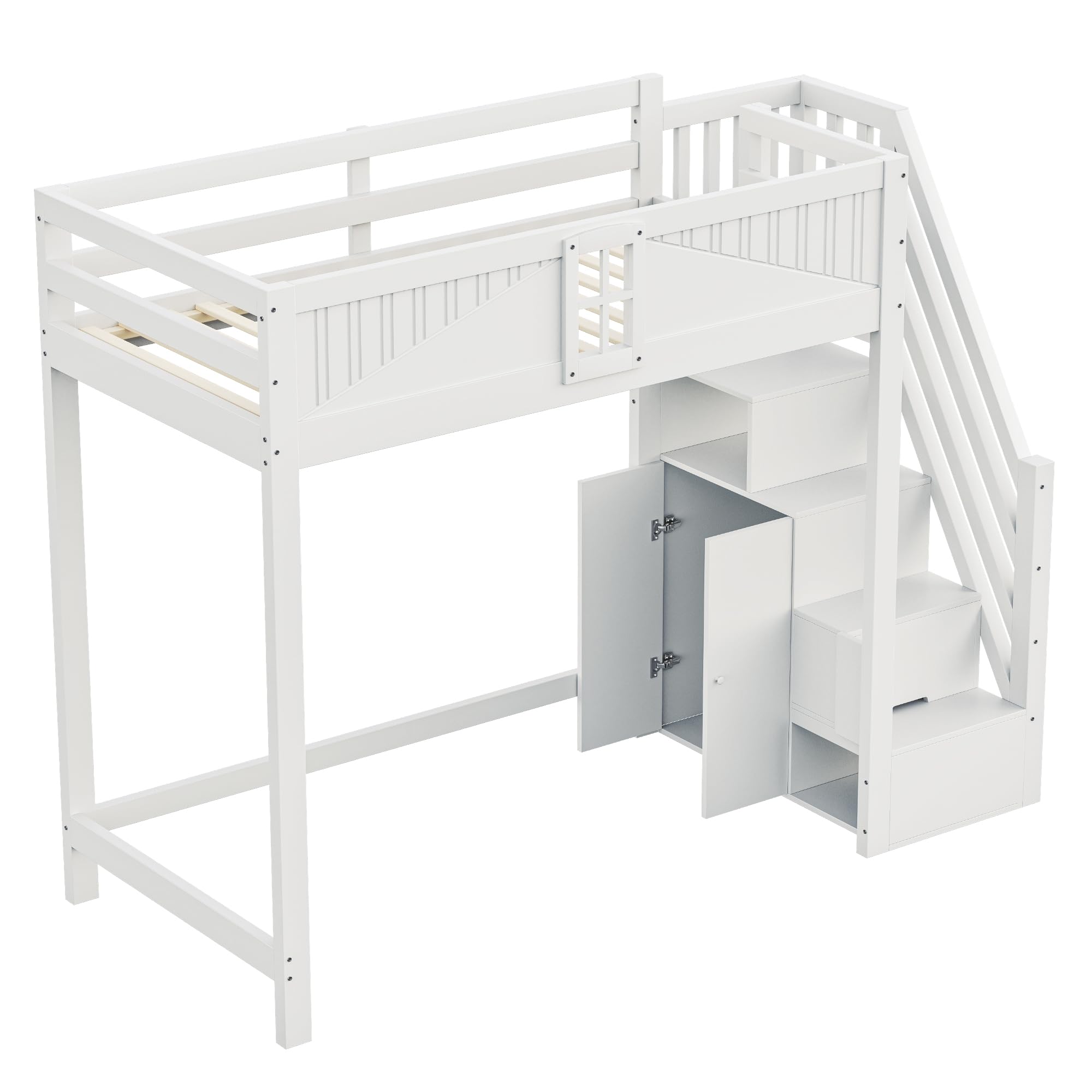 Azkoeesy Letto a soppalco per bambini con scala e armadio, 90 x 200 cm, in legno di pino, grigio-bianco, design a forma di finestra, per adulti e ragazzi (bianco)