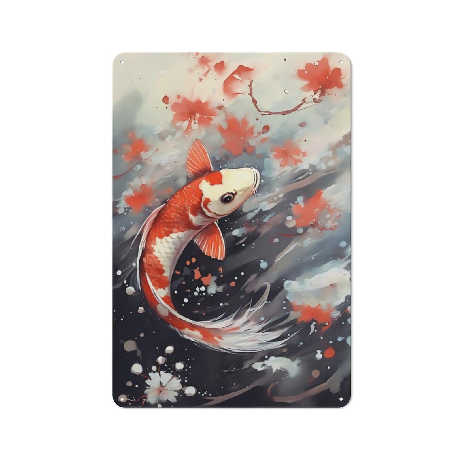 Koi Fish Watercolor Tin Wall Plaque 30x20cm, Rustic Cottage Wall Art for Dining Room, Cafe, Entryway Or Family Room