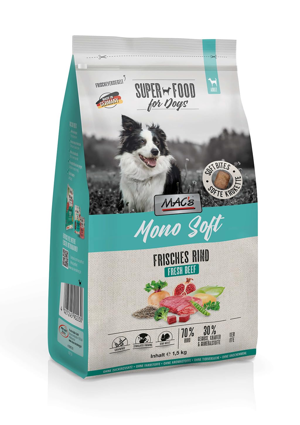 arelf Bundle MAC’s Dog Mono Soft Frisches Rind 4kg | Halbfeuchtes Hundefutter | Monoprotein | Getreidefrei | Soft Trockenfutter für Sensible Hunde | inkl. Snack