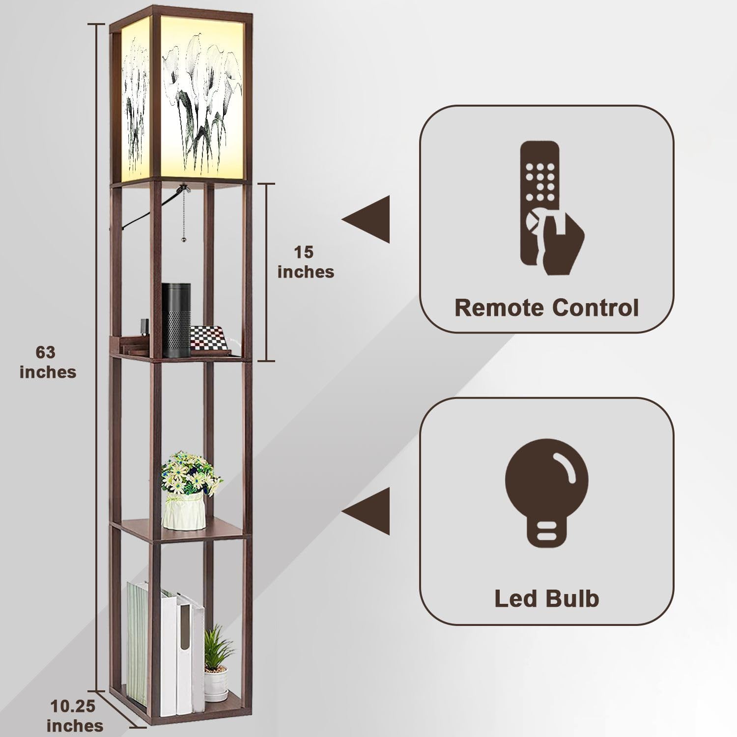 Floor Lamp with Shelves Lilies Calla Set Sketch Hand Drawn Doodle Style Standing Tall Lamp USB Ports & Power Outlet Modern Corner Lamp Nightstand Light for Living Room Bedroom