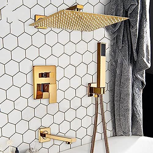 ゴールデンバスルーム蛇口壁掛けシャワーミキサー12インチレインシャワーセット8&10インチオプションモダンバスルーム用高級シャワーヘッドスタイリッシュで耐久性のあるデザイン