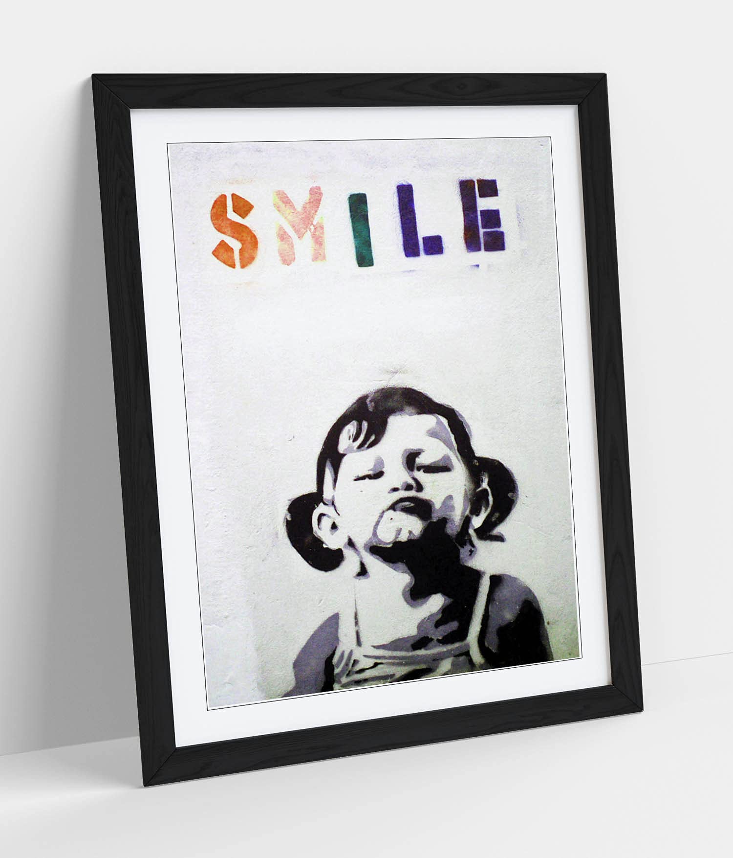 Canvasartshop Boys Black - Banksy Smile Graffiti- Premium Wall Art Framed Picture Prints - 3 Colours - 4 Sizes (, A2)