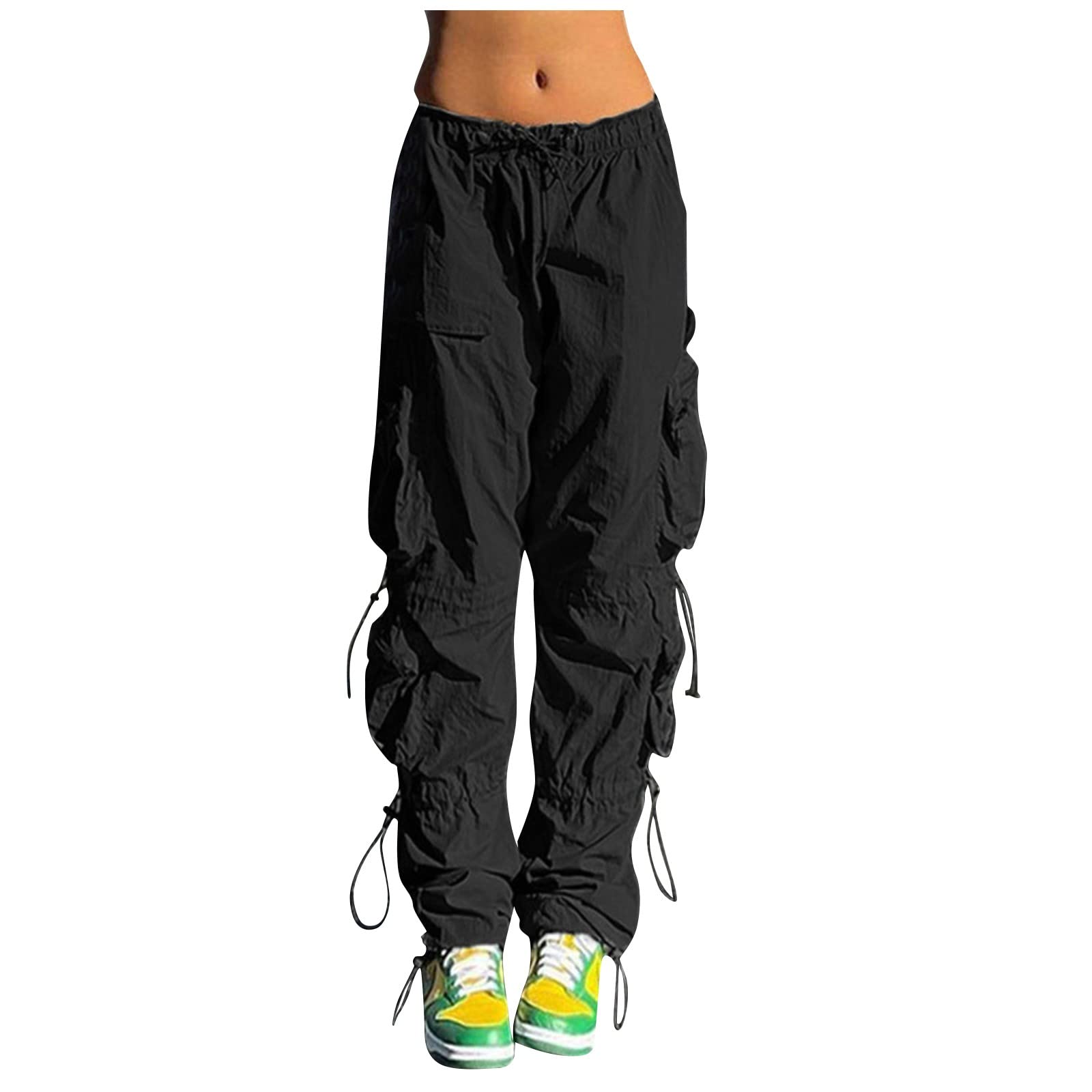 YesunpxsWomen Mid Waist Cargo Pant Elastic Waist Ruched Hiking Pants Multiple Pockets Hippie Cargo Pants Lounge Pant
