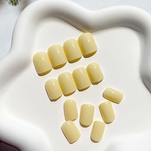 Miniatura 3 de 24 piezas de uñas postizas cuadradas a presión, uñas postizas cortas de color puro, uñas acrílicas amarillas, cobertura completa, lindas uñas