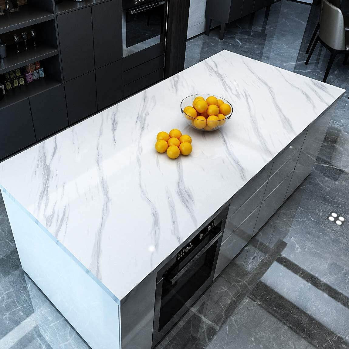 Nikrim™self Adhesive Oil Water Proof Vinyl Wall Papers Sticker Wallpaper Sheet Marble Stickers foil Paper for Bathroom Fridge Slab Floor Furniture Counter top Cabinet Room Home Kitchen (white-2)(pack-2) 4