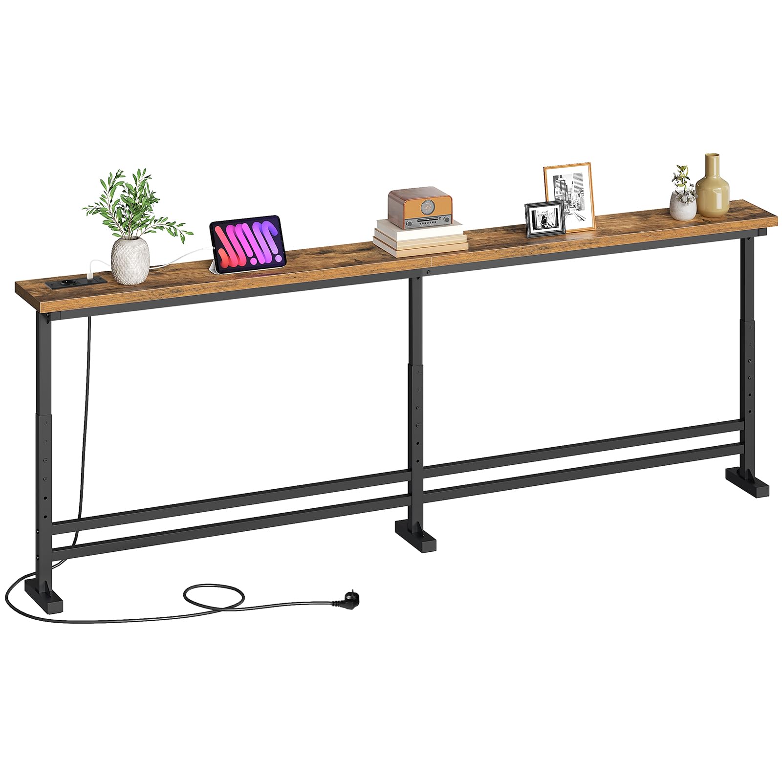 YATINEY Wąski stolik konsolowy, wąski stolik do przedpokoju, 200 cm długości, 1 gniazdo AC, 1 gniazdo USB-A, 1 gniazdo typu C, do salonu, przedpokoju, vintage brązowo-czarny XCT09CBR