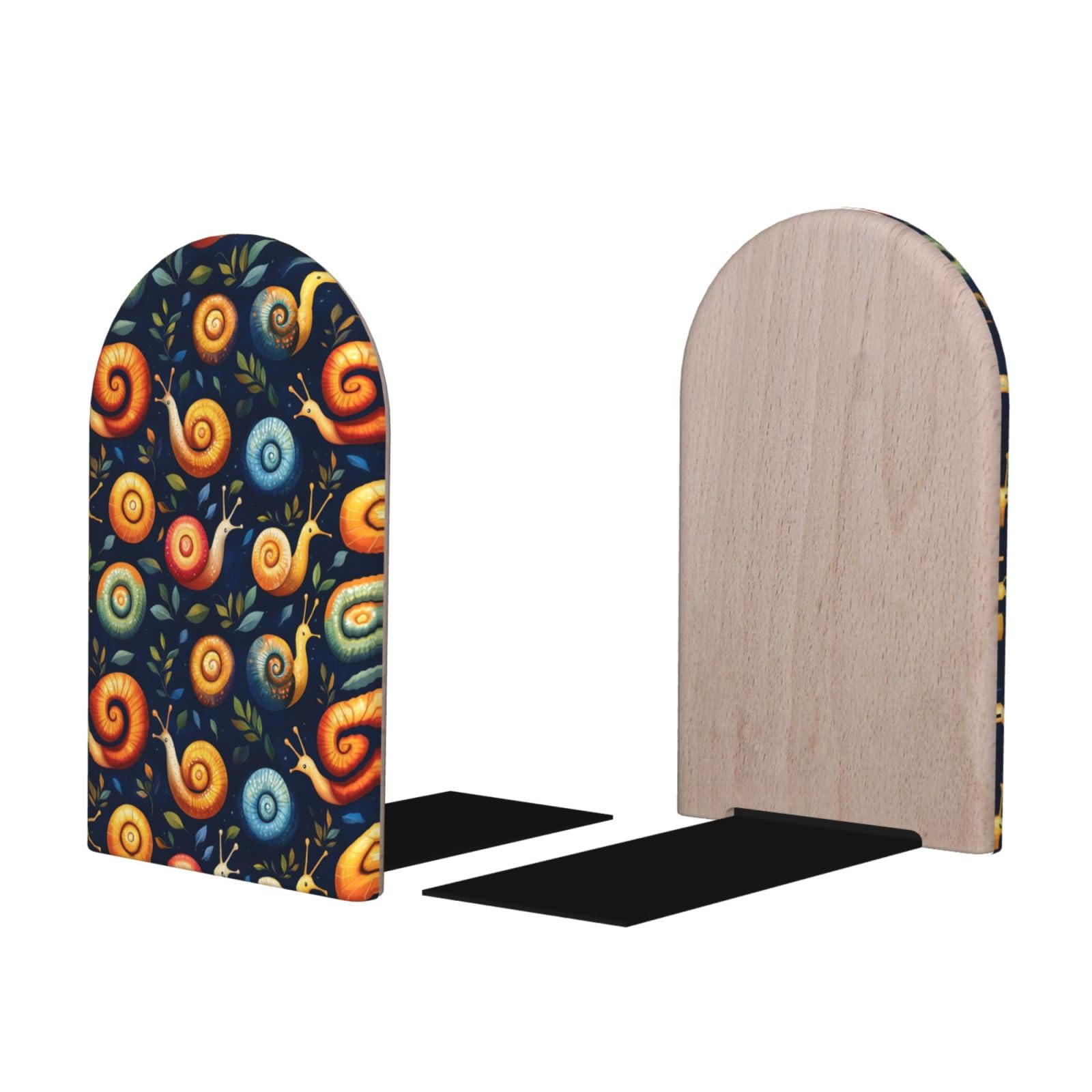 Colorful Snail Leaves Print BookEnds 1 Pair, Decorative Bookends for Heavy Books, Wood Book Ends for Shelves, Book Organizer for Home Desk Office Supplies