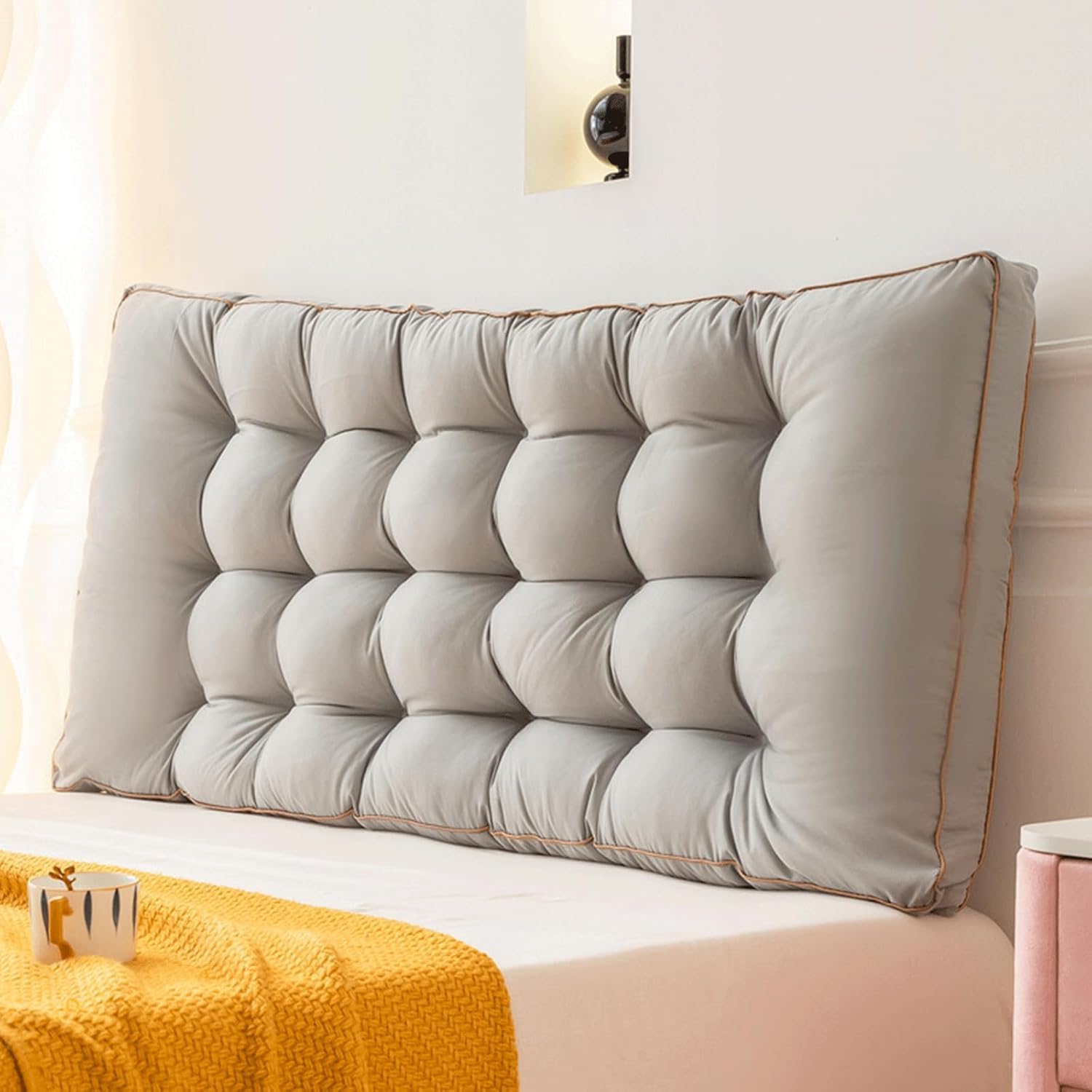 Grey,90x60x10cm,Headboard Pillow with Ties, Headboard Cushion Single Double Bed, Positioning Support Bed Rest Long Reading Pillow Lumbar Backrest Cushion for Bed Couch Sofa Daybed Dorm Adult