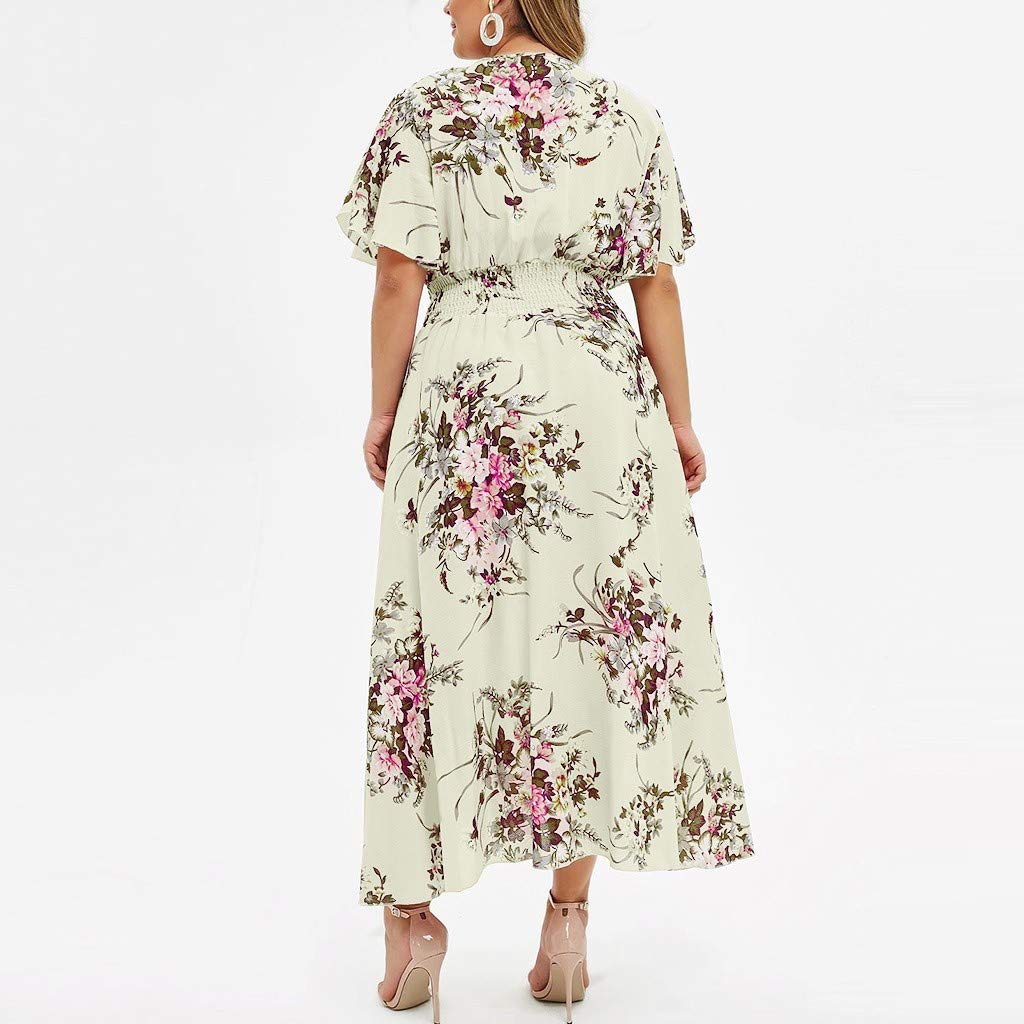 QWUVEDS Talla Casual Ropa Corta Mujer Manga Cuello en V Flores Estampado Plus Moda Plus Tamaño Vestido Mujer Tallas Grandes Vestido de Boda Vestido de Verano para Mujer Elegante Sexy