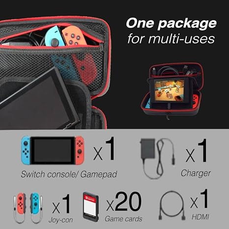 GAME'NIR Hard Carrying Case Compatible with Nintendo Switch, Sturdy Durable and Strong, Big Travel Case, 20 Games Cartridges, Protective Hard Shell Pouch for Switch Console Accessories, RED