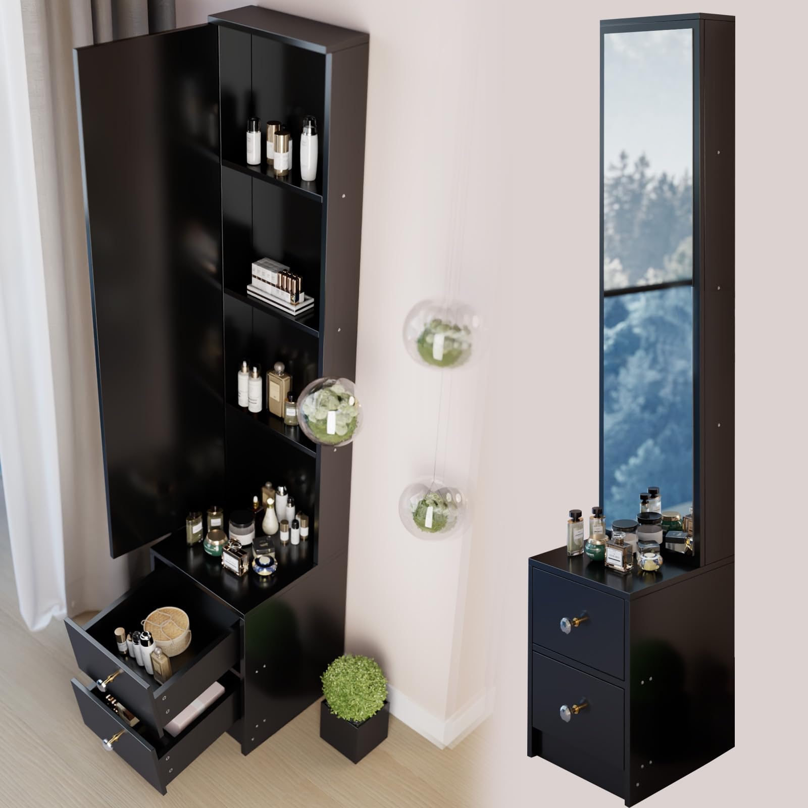 anwickjeff Full-Length Mirror with Storage, Standing Nightstand Mirror Cabinet with 2 Drawers & 4 Shelves, Makeup Storage Organizer, Gift for Women Girls (Black)