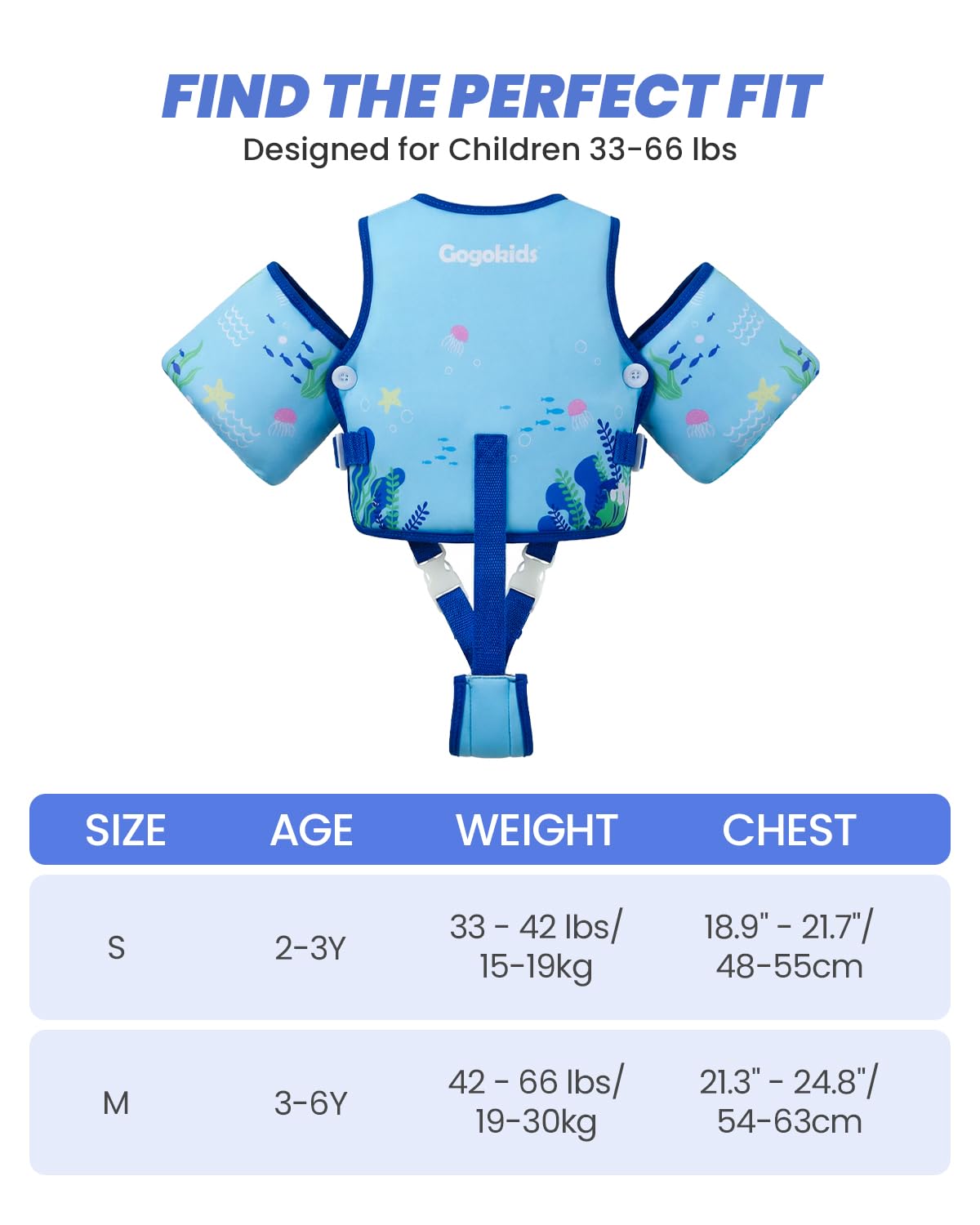 Gogokids Kinder-Schwimmweste mit Abnehmbaren Schwimmflügeln & 8 Auftriebselementen, Einstellbare Schwimmhilfe für Kinder von 2-6 Ja (15-30 kg), Kleinkinder Schwimmflügel für Pool & Schwimmunterricht