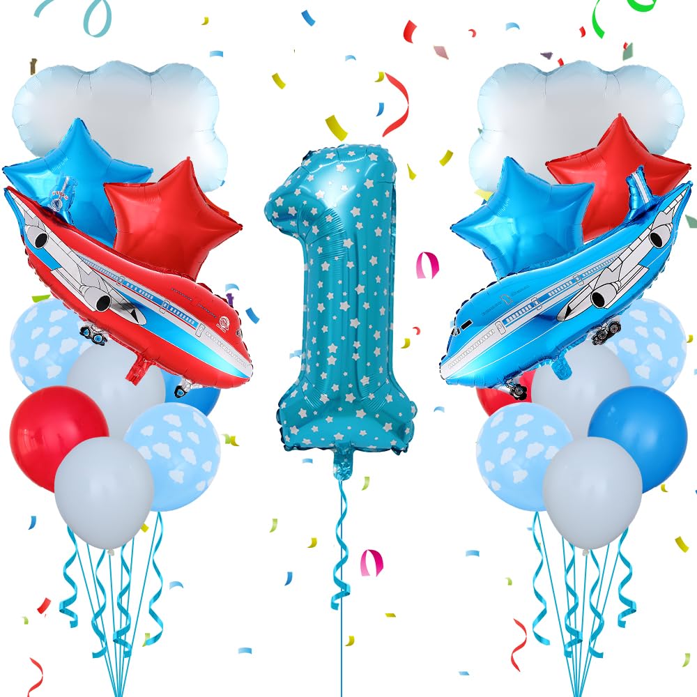 Airplane Birthday Balloons, 32pcs First Birthday Party Decorations Airplane Cloud Large Number1 Foil Balloons with Cloud Print Red Blue Latex Balloons for Birthday Pilot Adventure Party Supplies (1st)