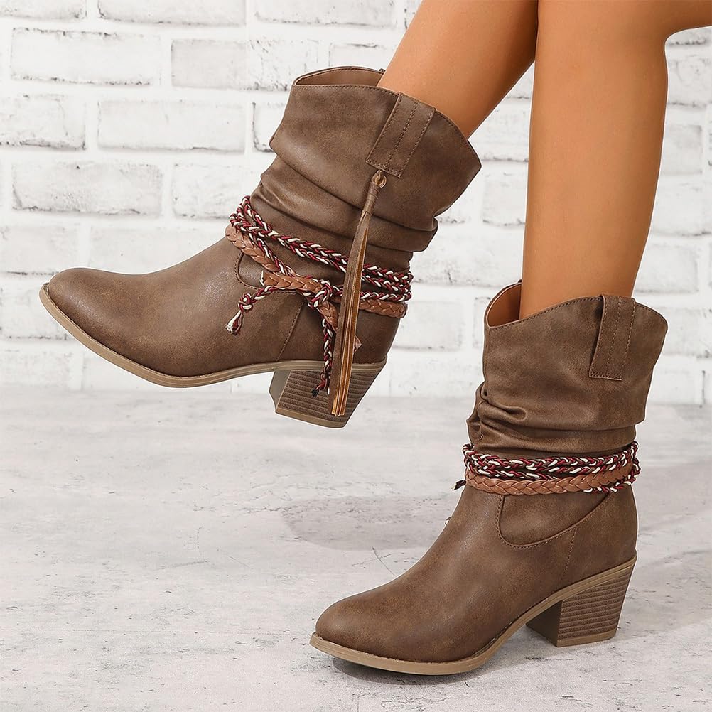 Bottes Femmes de Cowboy Motard Suède Vintage Loisir Bottines Bloc Talon