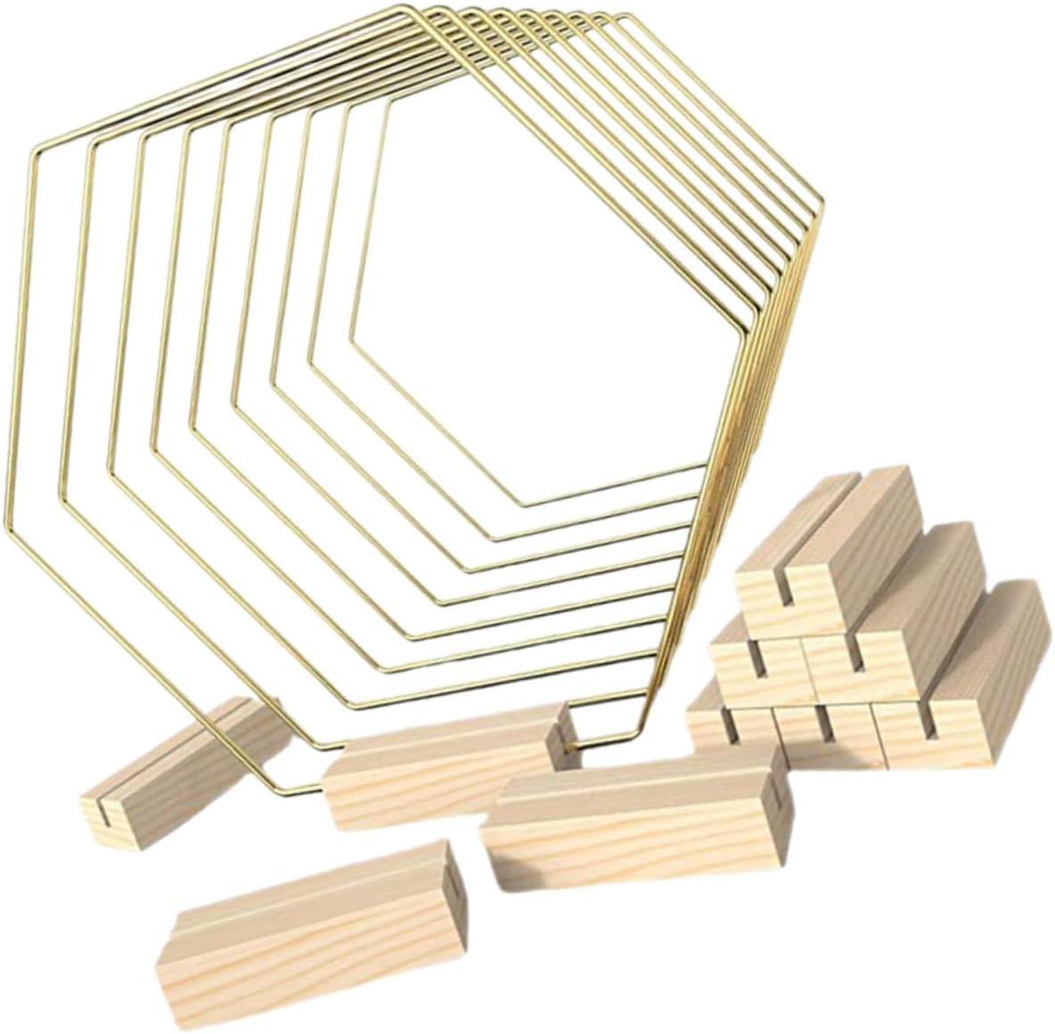 VALICLUD 10pcs Metal Hexagon Wreath Frames with Wooden Bases, Floral Hoop Centerpiece Rings for Wedding Table Decorations and DIY Craft Supplies