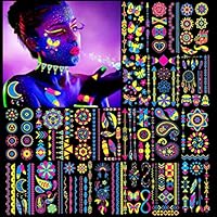 HOWAF 20 Neon Glow Tattoos - Glow In The Dark, Waterproof, UV Tattoo Stickers for Kids, Adults, Women, Girls Face & Body Art