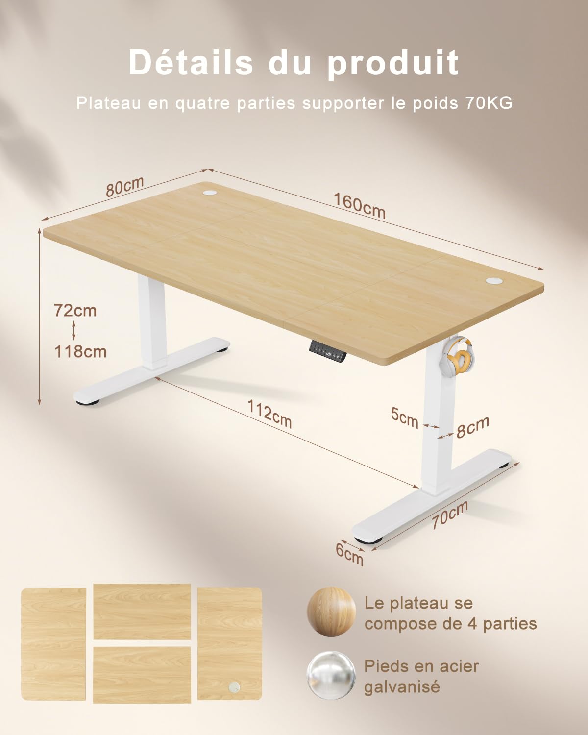 TRIUMPHKEY Bureau Réglable en Hauteur 160x80 cm, avec Rappel de Sédentarité et 3 Mémoires, Port USB-A, Système Anti-Collision, Bureau de Télétravail, Beige