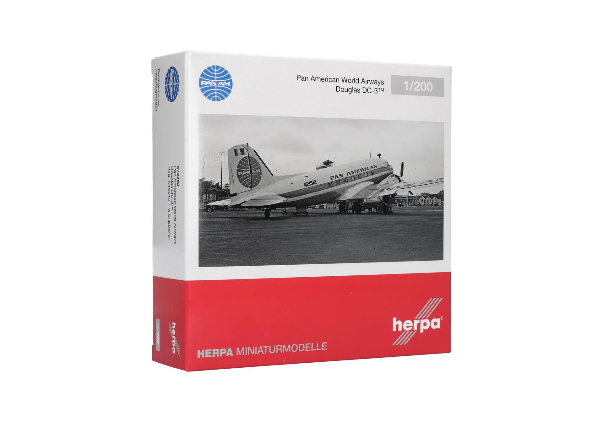 herpa Modellflugzeug Pan American World Airways Douglas DC-3, Miniatur im Maßstab 1:200, Sammlerstück, Modell mit Standfuß, Metall, Weiß, Blau